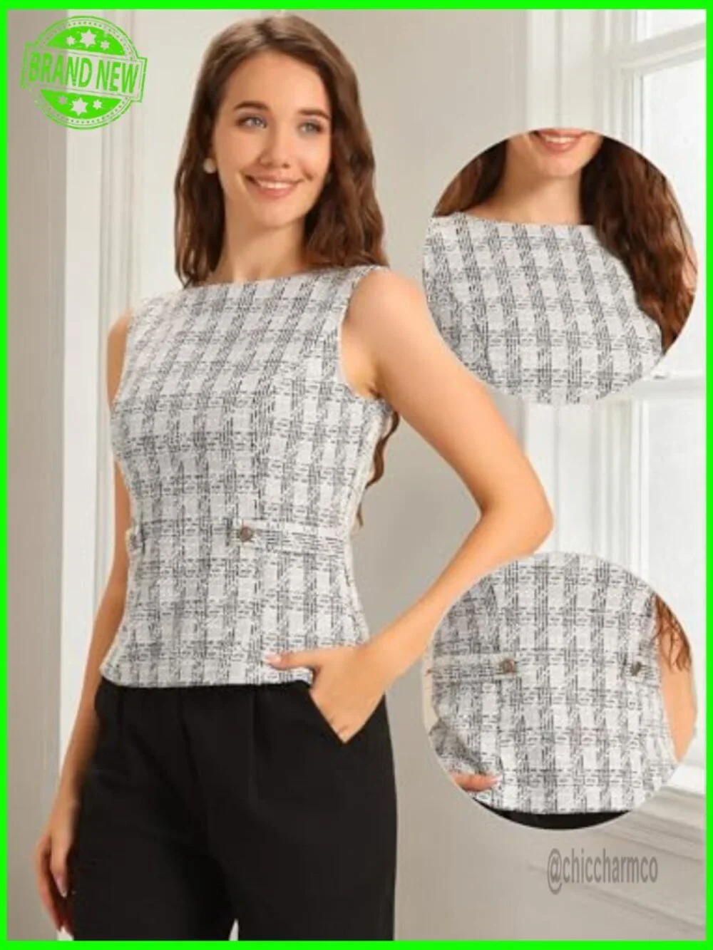Tweed Sleeveless Crew Neck Vest - Business Casual Dressy Blouse Top